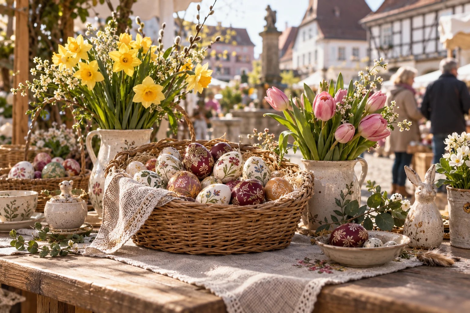 KI-Symbolbild: Ostereier und Frühlingsblumen an einem fiktiven Marktstand