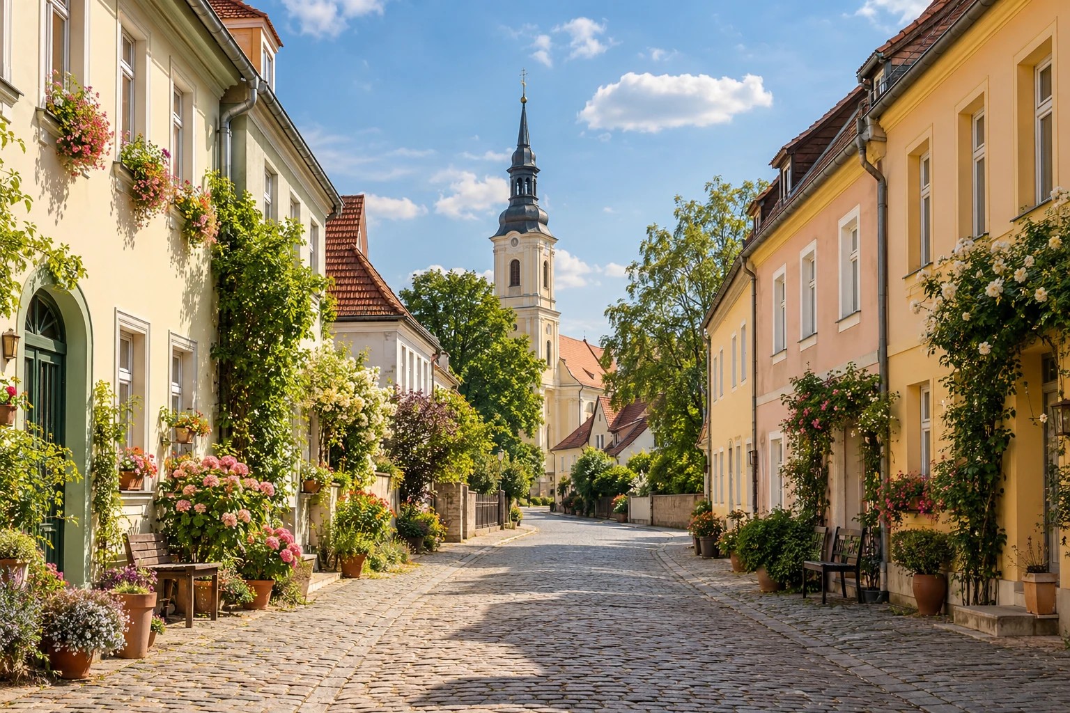 KI-Symbolbild: fiktive Altstadt mit Blumen und Kirchturm, keine tatsächliche Ansicht von Lübbenau